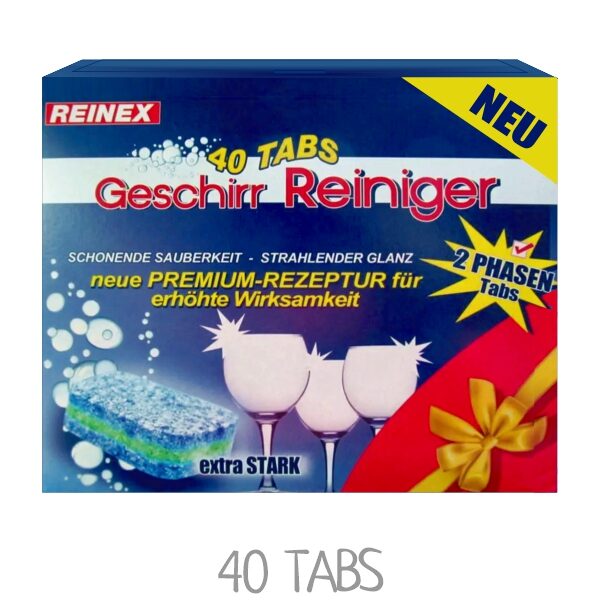 Extra starke REINEX Spülmaschinentabs / Geschirr Reiniger Tabs. VPE: 40 Tabs