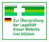 Eine Grafik mit grünen Streifen, einem weißen Kreuz und einer kleinen deutschen Flagge. Der deutsche Text lautet: Zur Überprüfung der Legalität dieser Website hier klicken. Um die Legalität dieser Website zu überprüfen, klicken Sie hier.