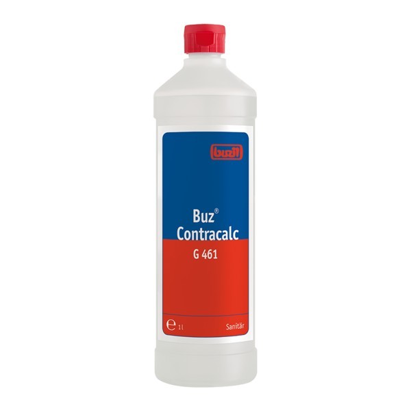Ein weißer Kunststoffbehälter mit rotem Deckel und blau-rotem Etikett, Produktbezeichnung Buz Contracalc G 461.