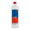 Eine weiße Flasche mit blau-rotem Etikett und rotem Deckel