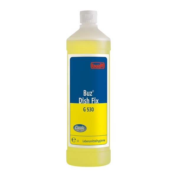 Ein Flasche Spülmaschinenreiniger mit blau-gelbem Etikett