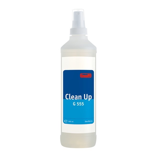 Ein transparenter Plastikflasche mit einem Sprühkopf und einem blauen Etikett, auf dem "Clean Up G 555" steht.