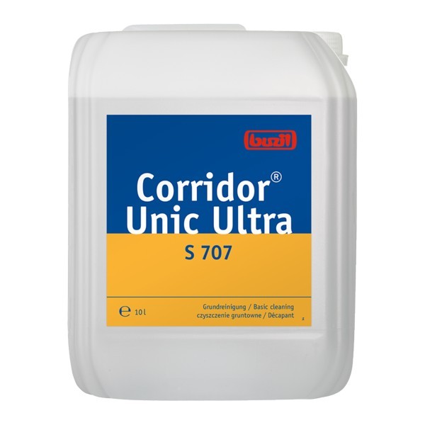 Ein 10-Liter-Container Corridor Unic Ultra S 707 Reinigungsmittel, ein Produkt für die Grundreinigung.