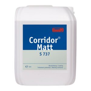S737 Corridor Matt 10l Ein weißer Kanister mit blauem Etikett.