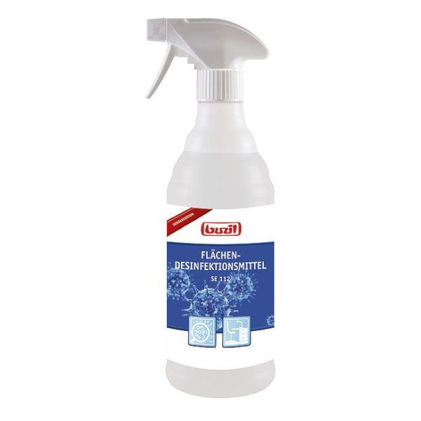 Ein weißer Sprühflasche mit blauem Etikett und rotem Logo, Desinfektionsmittel für die Hygiene.
