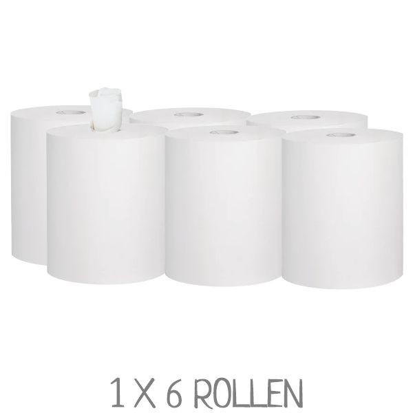 6 Handtuchrollen 1-lagig, Zellstoff, weiß, 1-lagig für Innenabwicklung und Außenabwicklung