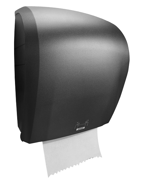 Ein schwarzer Metall-Spender für Papiertücher, mit einem Tuch zum Greifen.