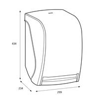 Technische Zeichnung eines Hygiene-Spenders. Die Maße betragen 434mm Höhe, 299mm Breite und 234mm Tiefe.