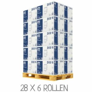 Eine große Menge Toilettenpapier-Rollen, gelagert auf einer Holzpalette. Die Verpackungen sind weiß mit blauen Etiketten.