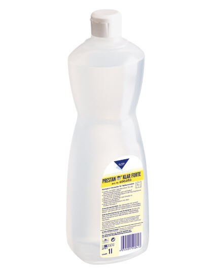 Eine weiße Flasche mit Desinfektionsmittel, hinten mit einem gelben Etikett.
