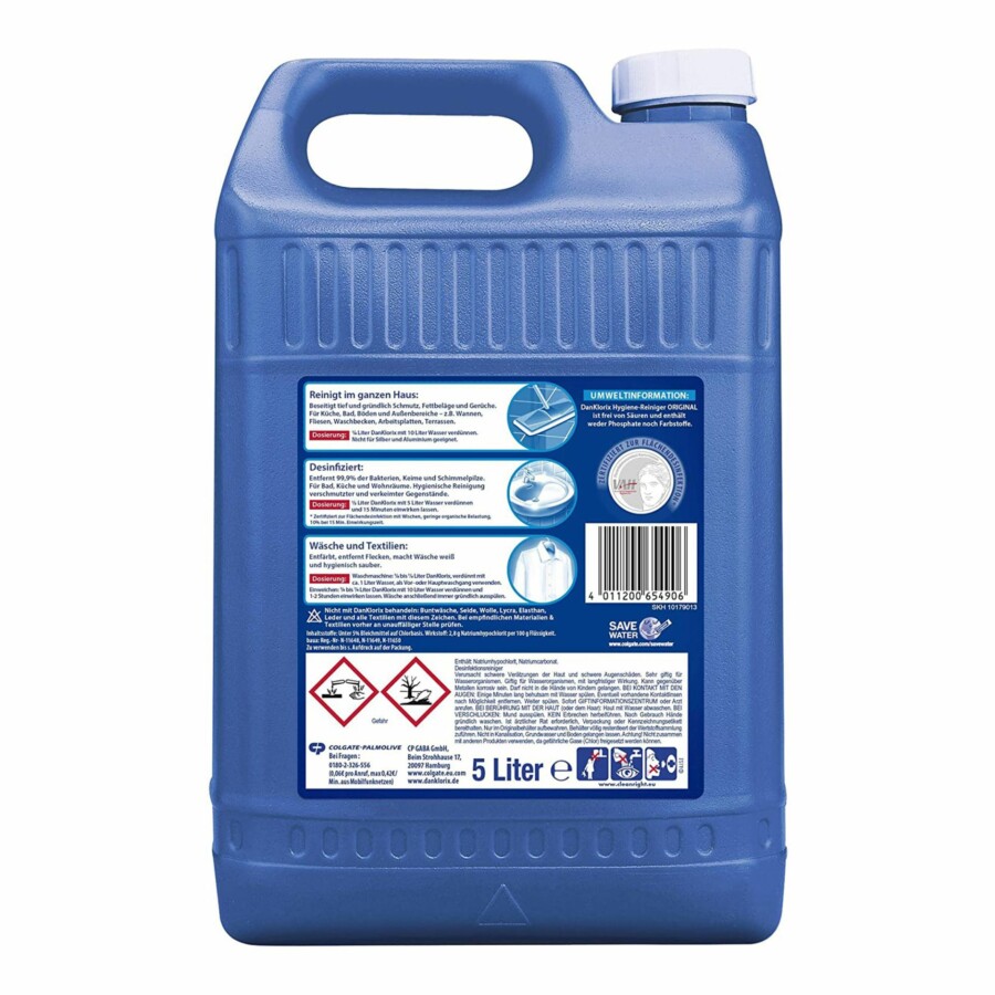 Ein blauer Kanister mit Desinfektionsmittel, 5 Liter. Zur Desinfektion von Oberflächen, zur Wäsche und Textilien.