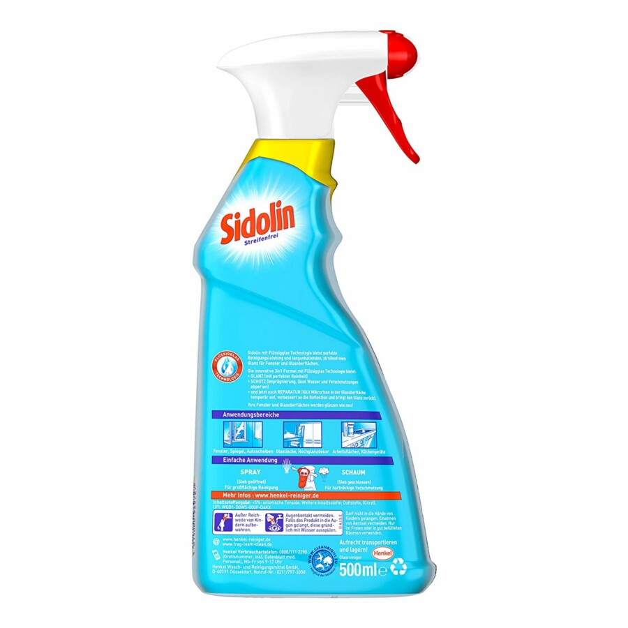 Ein Sidolin Glasreiniger Spray Flasche mit blauem Etikett