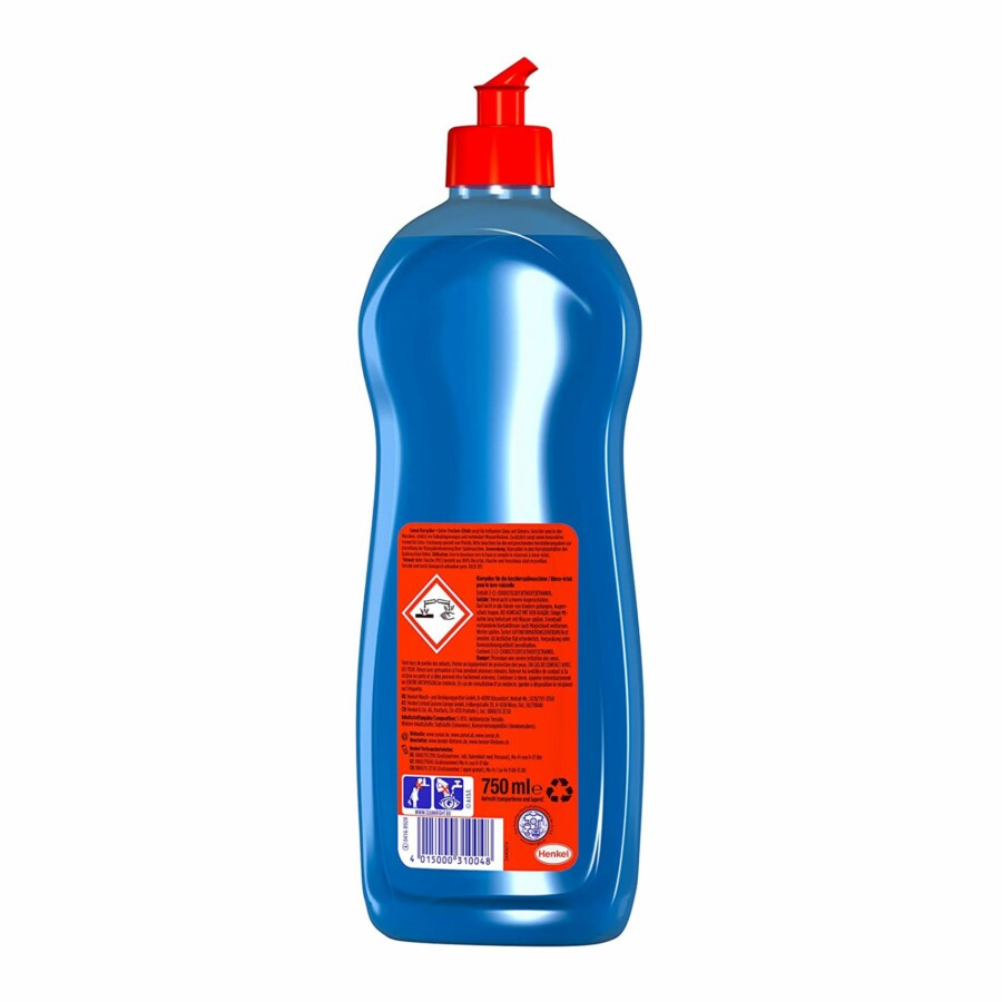 Ein blauer Desinfektionsmittelspender mit rotem Deckel und Etikett.