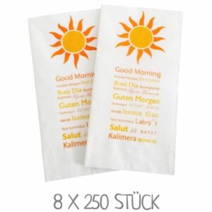 Frühstücksservietten / Motivservietten Sonne mit "Good Morning" in verschiedenen Sprachen / VPE: 8 x 250 Stück (2000 Stück)