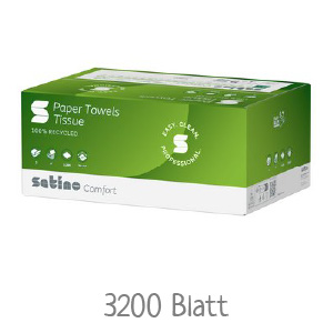 Große grüne Verpackung von Papierhandtüchern mit der Marke 'Satino comfort', 100% recycelt, mit 3200 Blatt für Großhandel oder Betriebseinkäufe. Große grüne Verpackung von Papierhandtüchern mit der Marke 'Satino comfort', 100% recycelt, mit 3200 Blatt für Großhandel oder Betriebseinkäufe.