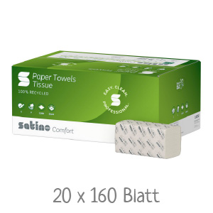 Eine grüne Verpackung von Satino Comfort Papierhandtüchern, 100% recycelt, mit einem herausgenommenen Handtuch.