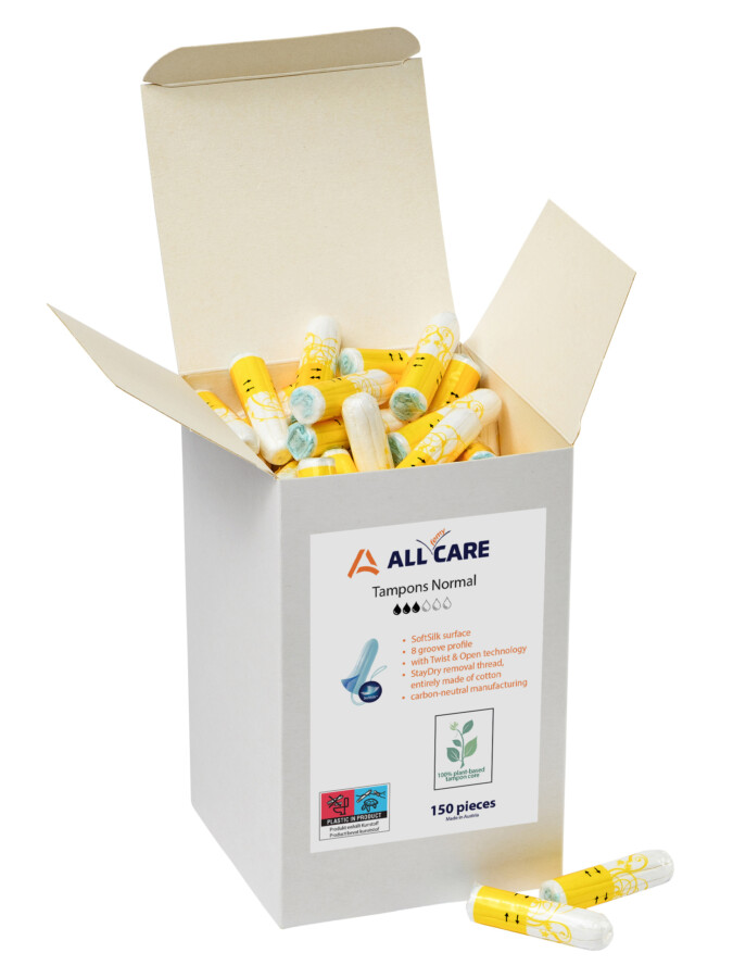 Eine offene Schachtel ALL CARE Tampons Normal.