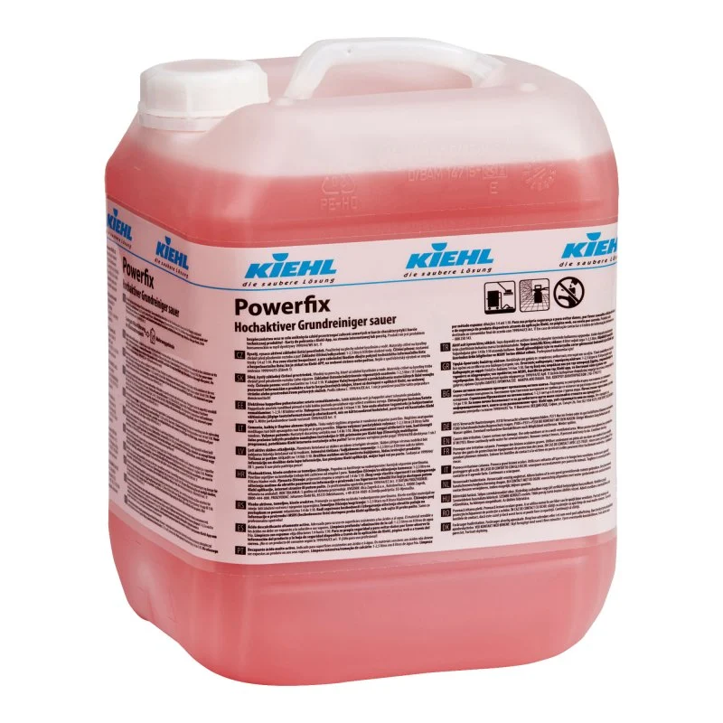 Ein Kanister mit rosa Reinigungsflüssigkeit und Produktetikett.