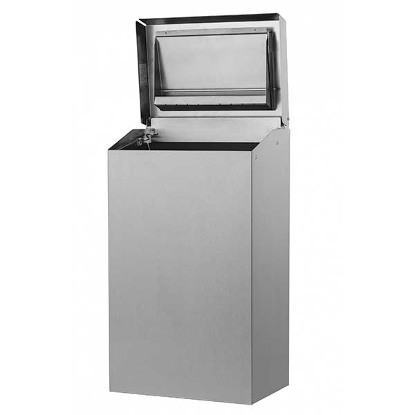 Ein Edelstahl-Spender für Papierhandtücher mit geöffnetem Deckel.