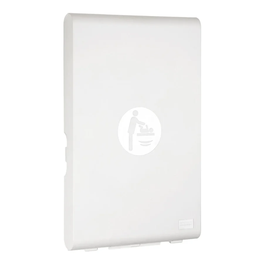 Ein weißer Papierhandtuch-Spender mit einem Logo, das einen Menschen zeigt, der ein Handtuch benutzt.