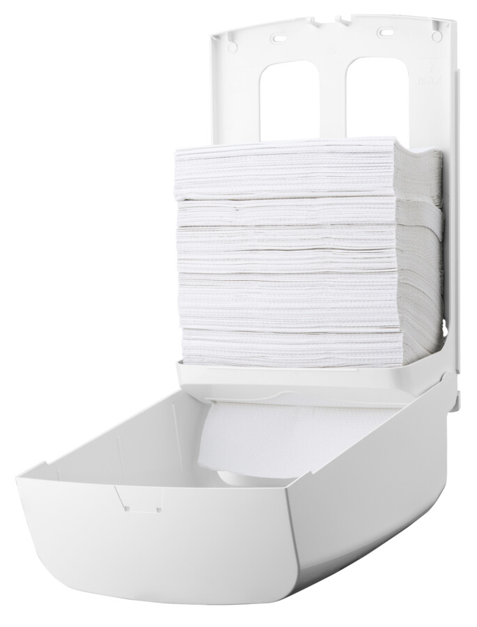 Ein weißer Papiertuch-Spender mit einer offenen Schublade und einer großen Rolle weißer Papiertücher.