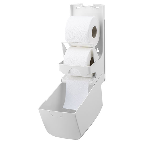 Ein weißer Wandhalter mit zwei Toilettenpapierrollen und Auffangbehälter.