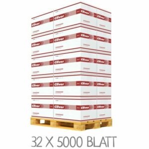 Ein Stapel von weißen Kartons mit roten Streifen und dem Logo Cliver Standard auf einer Holzpalette. Die Kartons enthalten 5000 Blatt Papier.