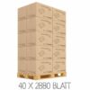 Ein Stapel von Kartons mit Falttüchern auf einer Holzpalette. Die Kartons tragen die Aufschrift 'Falttücher 2-lag.' und die Artikelnummer.