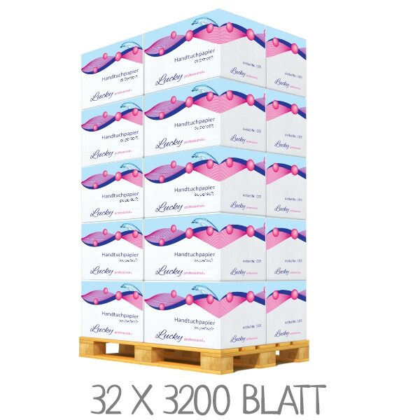 Eine Holzpalette mit 32 Kartons Handtuchpapier Lucky