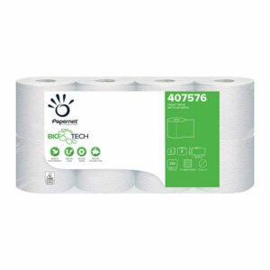 Ein 6er Pack weißes Toilettenpapier der Marke Papernet mit grün-weißer Verpackung und Bio Tech Logo. Das Papier ist recycelt und biologisch abbaubar.
