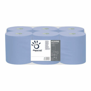 Papernet 412056 Centrefeed Handtuchrollen 2-lagig Sechs blaue Toilettenpapier-Rollen mit Papernet-Logo.