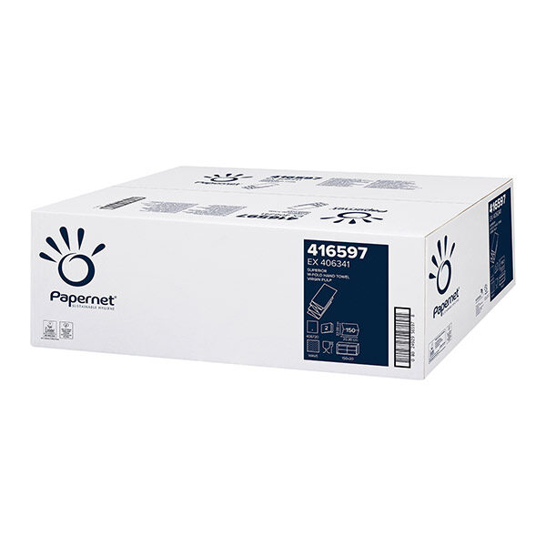 Ein weißer Karton mit Papernet Logo und Produktinformationen. Der Karton enthält Toilettenpapier.