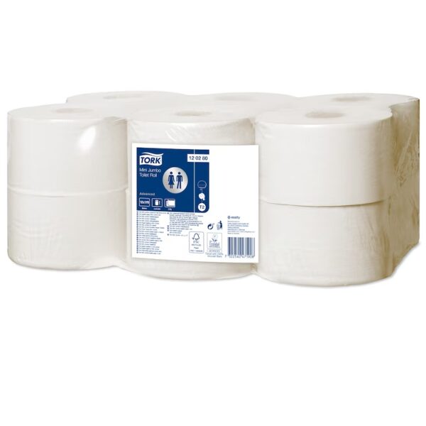 Weiße Toilettenpapier-Rollen mit blauem Etikett. Tork Haushaltrollen, 2-lagig.
