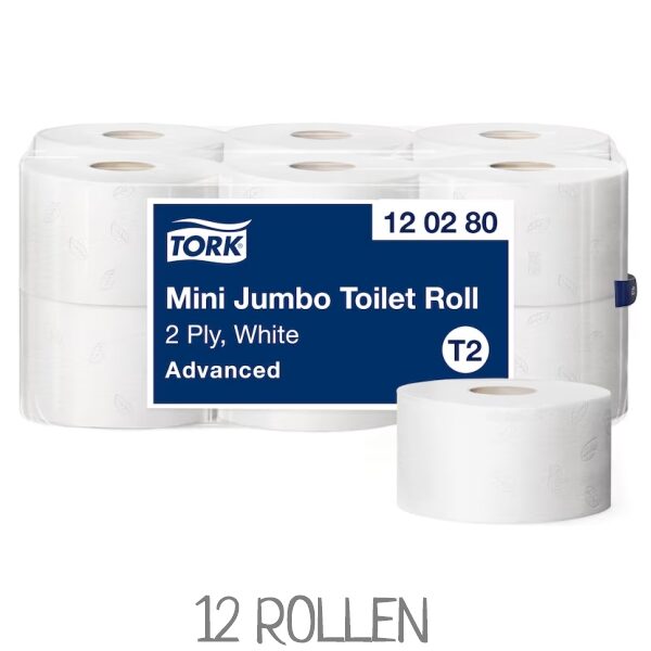 Ein Pack Toilettenpapierrollen mit 12 Mini Jumbo Rollen, 2-lagig, weiß.