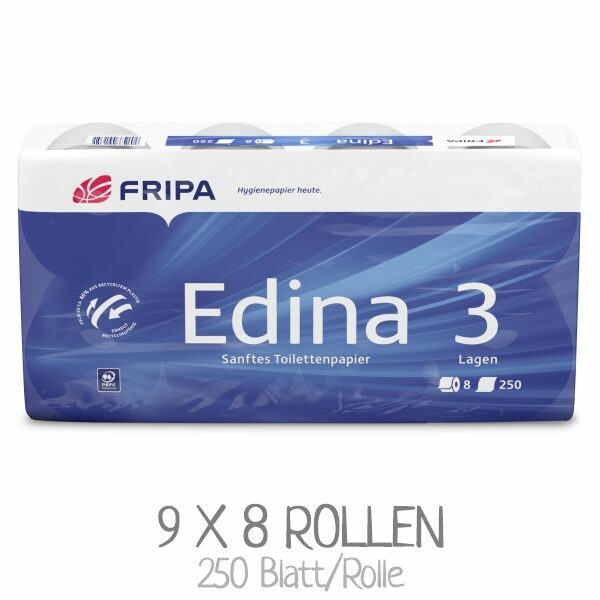 Eine Packung sanftes Toilettenpapier FRIPA Edina 1010810 mit 3 Lagen. Mit PEFC Umweltsiegel. VPE: 9 x 8 Rollen