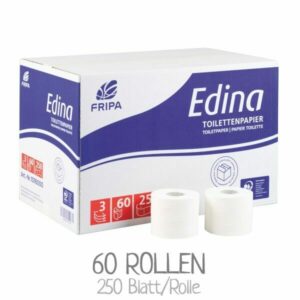 Toilettenpapier FRIPA Edina umweltfreundlich verpackt Ein Karton Toilettenpapier FRIPA Edina 1016000 mit 3 Lagen. Mit PEFC Umweltsiegel. VPE: 60 Rollen