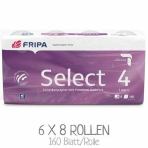 Toilettenpapier FRIPA Select 4-lagig Eine Packung mit 8 Rollen Toilettenpapier FRIPA Select 1040801, 4-lagig / VPE: 6 x 8 Rollen