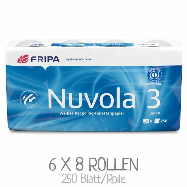 Eine Packung Toilettenpapier FRIPA Nuvola 1200801. 3-lagiges Recycling-Toilettenpapier mit dem Umweltzeichen Blauer Engel / VPE: 6 x 8 Rollen