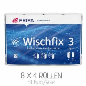 Fripa Wischfix 3-lagige Haushaltstücher, 8 Packungen mit je 4 Rollen, 51 Blätter pro Rolle, geeignet für gewerbliche Zwecke, blau-weiße Verpackung. Fripa Wischfix 3-lagige Haushaltstücher, 8 Packungen mit je 4 Rollen, 51 Blätter pro Rolle, geeignet für gewerbliche Zwecke, blau-weiße Verpackung.