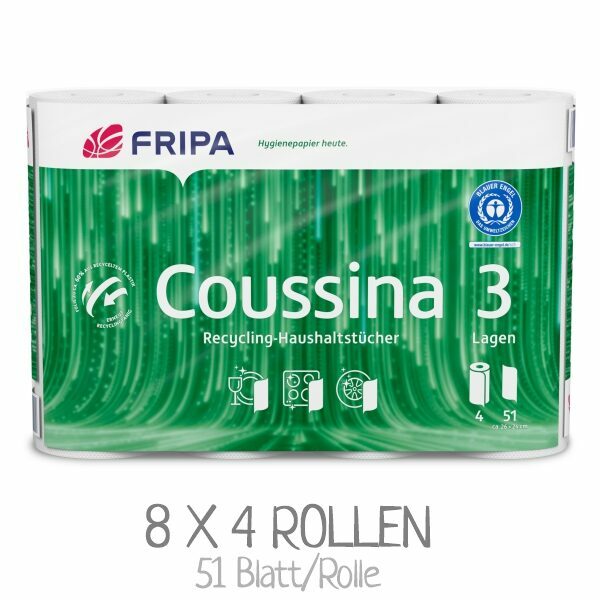 Eine Packung mit 4 Haushaltsrollen: Umweltfreundliche FRIPA Küchenrollen Coussina 3204002 aus 100% Recyclingpapier. Zertifiziert mit dem Blauen Engel. VPE: 32 Rollen
