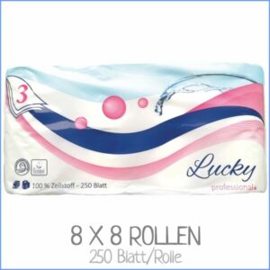 Ein Paket Toilettenpapier LUCKY professional. 250 Blatt pro Rolle. VPE: 8 x 8 Rollen
