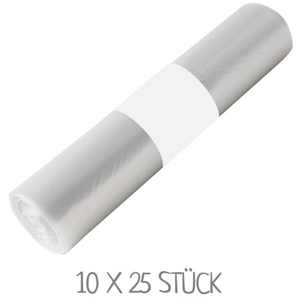 Eine Rolle Müllsäcke 120 Liter transparent mit weißer Banderole. VPE: 10 x 25 Stück
