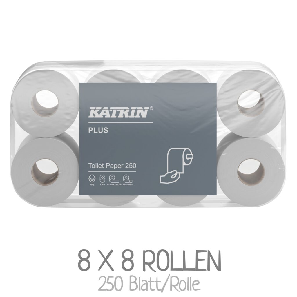 Eine Packung mit 8 Rollen Toilettenpapier KATRIN Plus 105830, 3-lagig / VPE: 8 x 8 Rollen