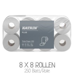 Eine Packung mit 8 Rollen Toilettenpapier KATRIN Plus 105830, 3-lagig / VPE: 8 x 8 Rollen