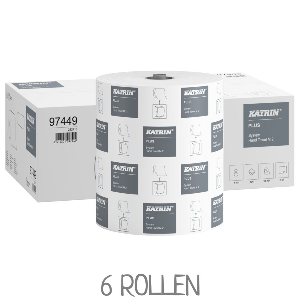 Produktverpackung und Systemrolle KATRIN Plus 97449 M2 Handtuchrollen. VPE: 6 Rollen
