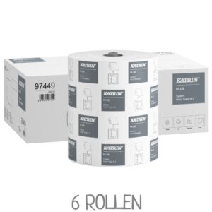 Produktverpackung und Systemrolle KATRIN Plus 97449 M2 Handtuchrollen. VPE: 6 Rollen