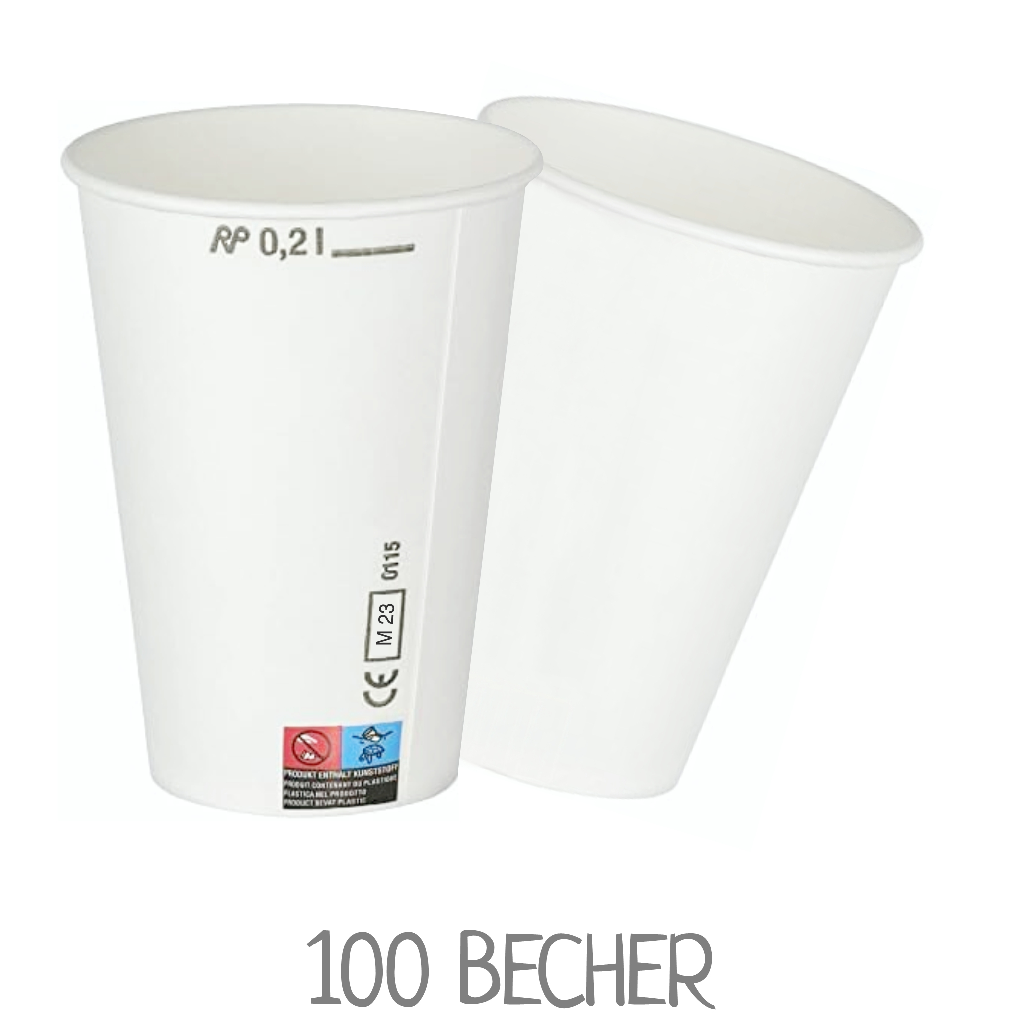 Zwei Pappbecher mit Eichstrich / Getränkebecher 233965 mit 200 ml Fassungsvermögen. VPE: 100 Becher