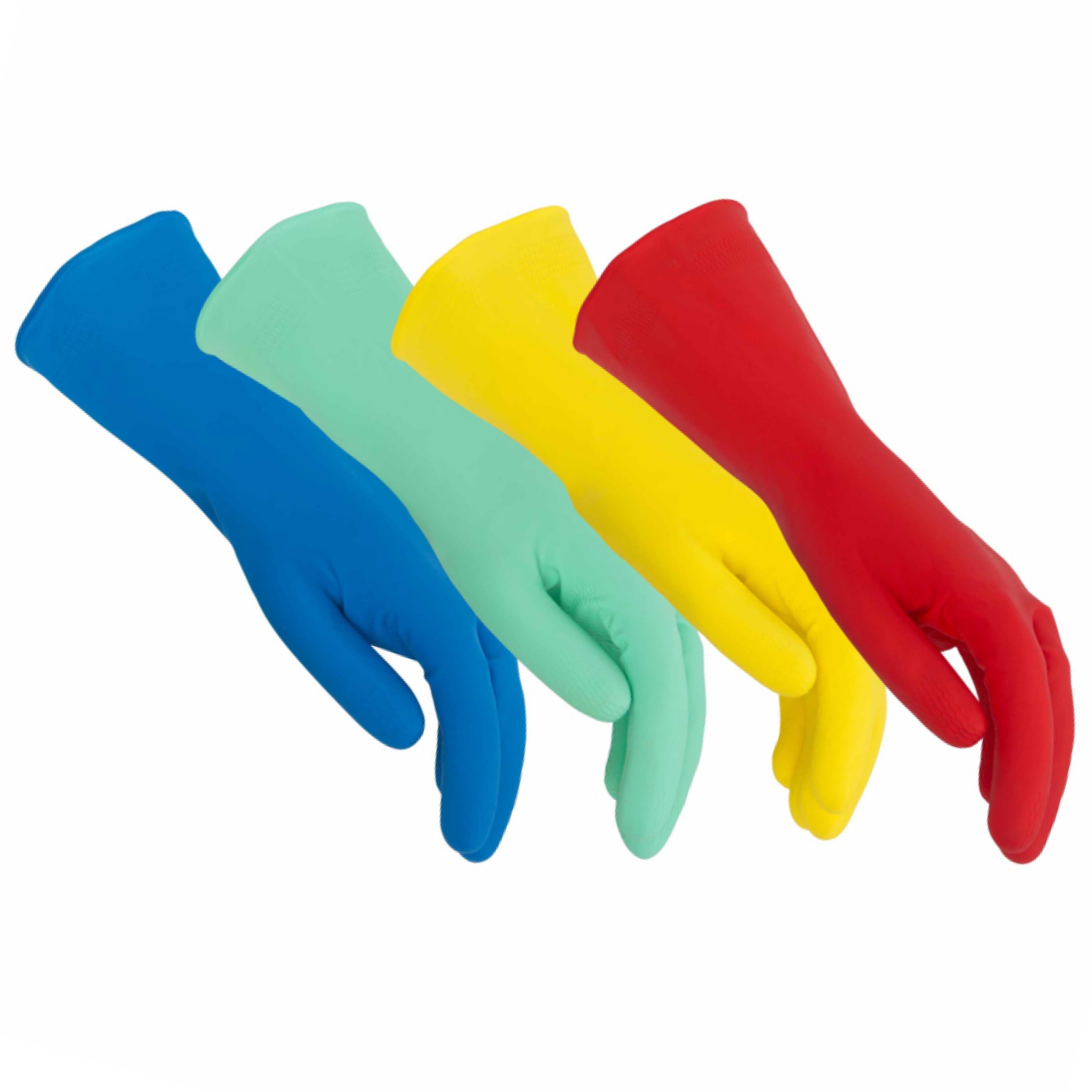 Vier Haushaltshandschuhe in den Farben blau, grün, gelb und rot von VILEDA Multipurpose in den Größen S, M, L, XL