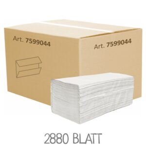 Ein Karton 2-lagige Papierhandtücher in Tissue-Qualität mit C/Lagenfalz. VPE: 2880 Blatt